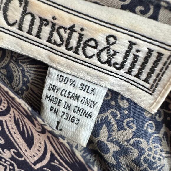 Vintage Christie & Jill Silk Top Blue Gray Floral Short Sleeve Sz L Womens - Picture 3 of 4